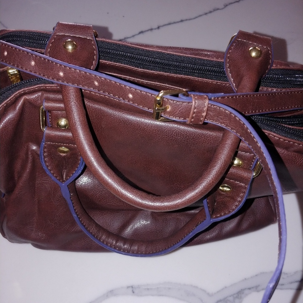 Brown and navy vegan leather handbag